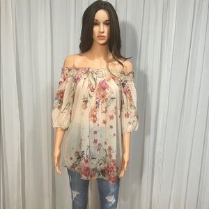Libian Cream Floral Off-Shoulder Blouse